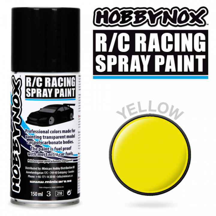 Gul R/C Racing Spray Färg 150 ml i gruppen Katalog / Fabrikat / H / Hobbynox / Sprayfärger RC Bil hos Minicars Hobby Distribution AB (HN1300)